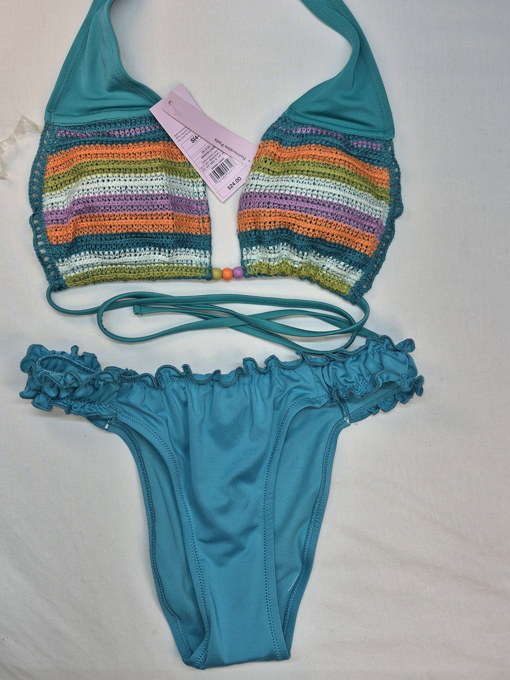 Wild Fable Teal Crochet-Stripe Bikini Top and Ruffle Bottom